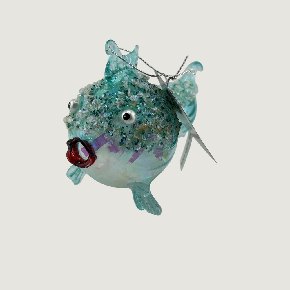 Robert Stanley Glass Ornament Blue Puffer Fish Iridescent Sequin Bead